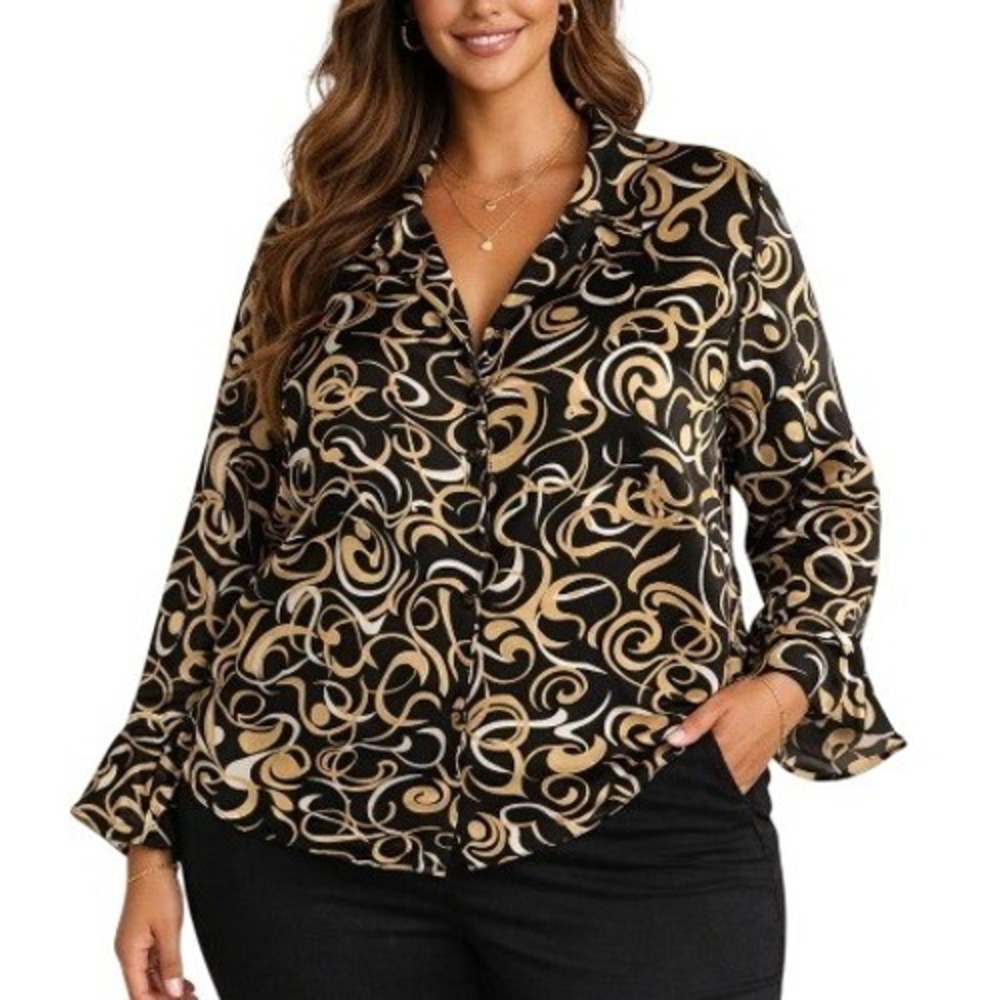 Spenser Jeremy Silk Blouse Womens 16 Black Beige Abstract Swirl Button Up Flowy